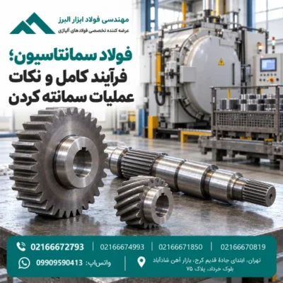 چرخ‌دنده و شفت فولادی کنار کورهٔ عملیات حرارتی؛ نمایش کاربرد فولاد سمانتاسیون