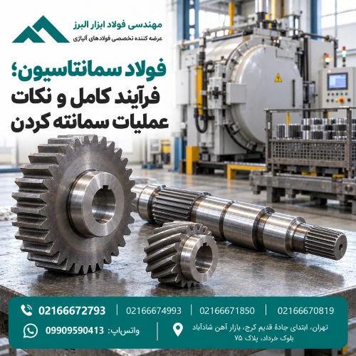 چرخ‌دنده و شفت فولادی کنار کورهٔ عملیات حرارتی؛ نمایش کاربرد فولاد سمانتاسیون