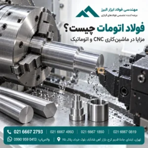 تراشکاری فولاد اتومات با دستگاه CNC در کنار مقاطع گرد و شش‌گوش و قطعات ماشین‌کاری‌شده