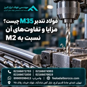 مته تندبر در حال سوراخ‌کاری فلز، همراه با عنوان معرفی فولاد M35 و مقایسه مزایای آن با M2