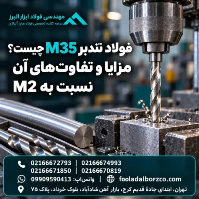 مته تندبر در حال سوراخ‌کاری فلز، همراه با عنوان معرفی فولاد M35 و مقایسه مزایای آن با M2