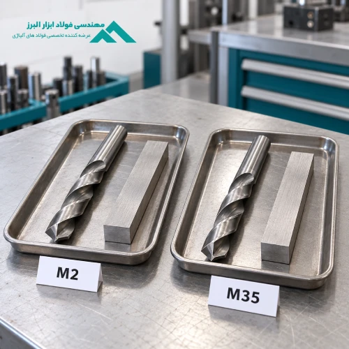 مته‌ها و قطعات خام فولاد تندبر M35 و M2 در دو سینی روی میز کار صنعتی